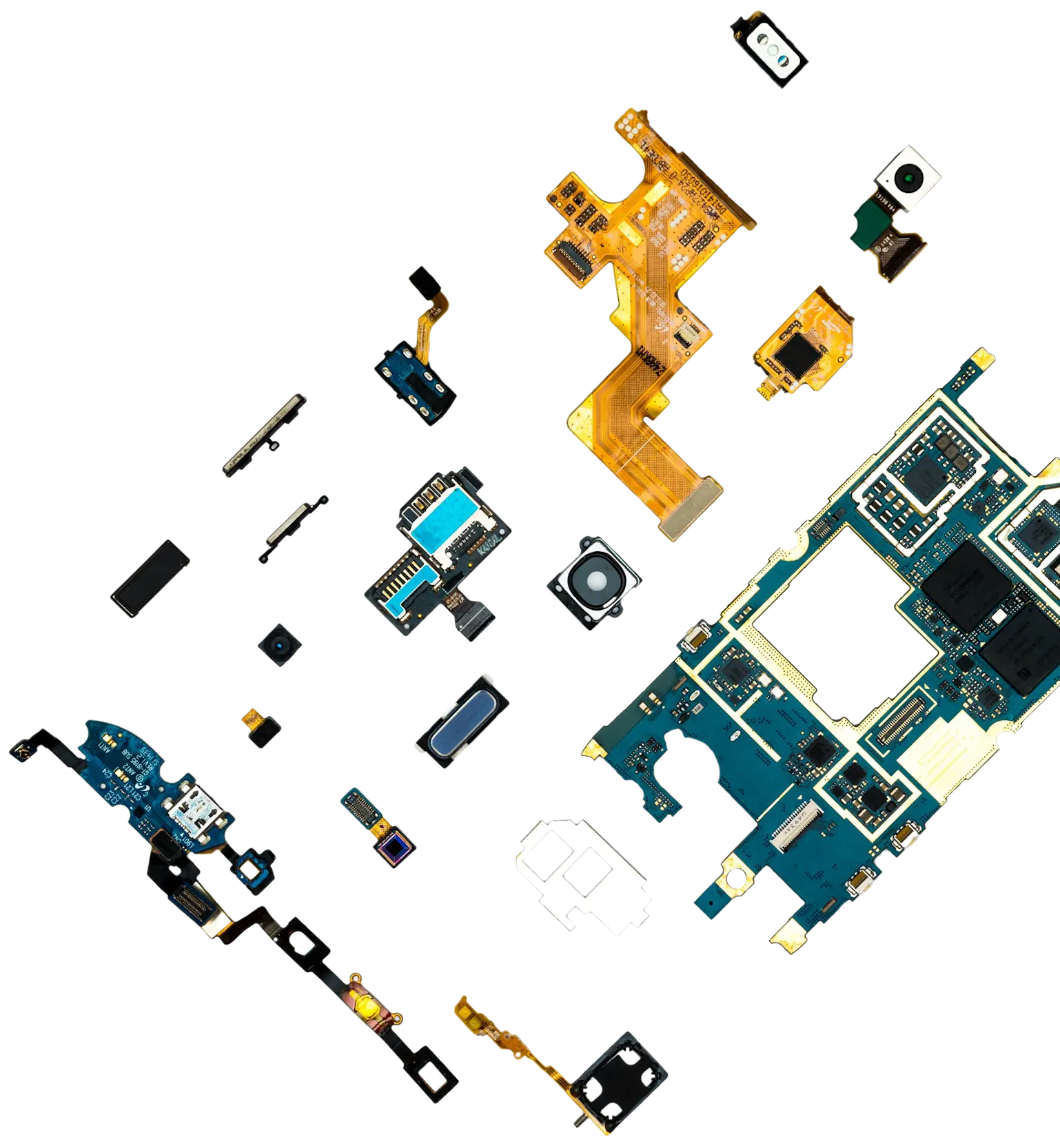 Circuit boards and other electronical components laying down with a top-down view